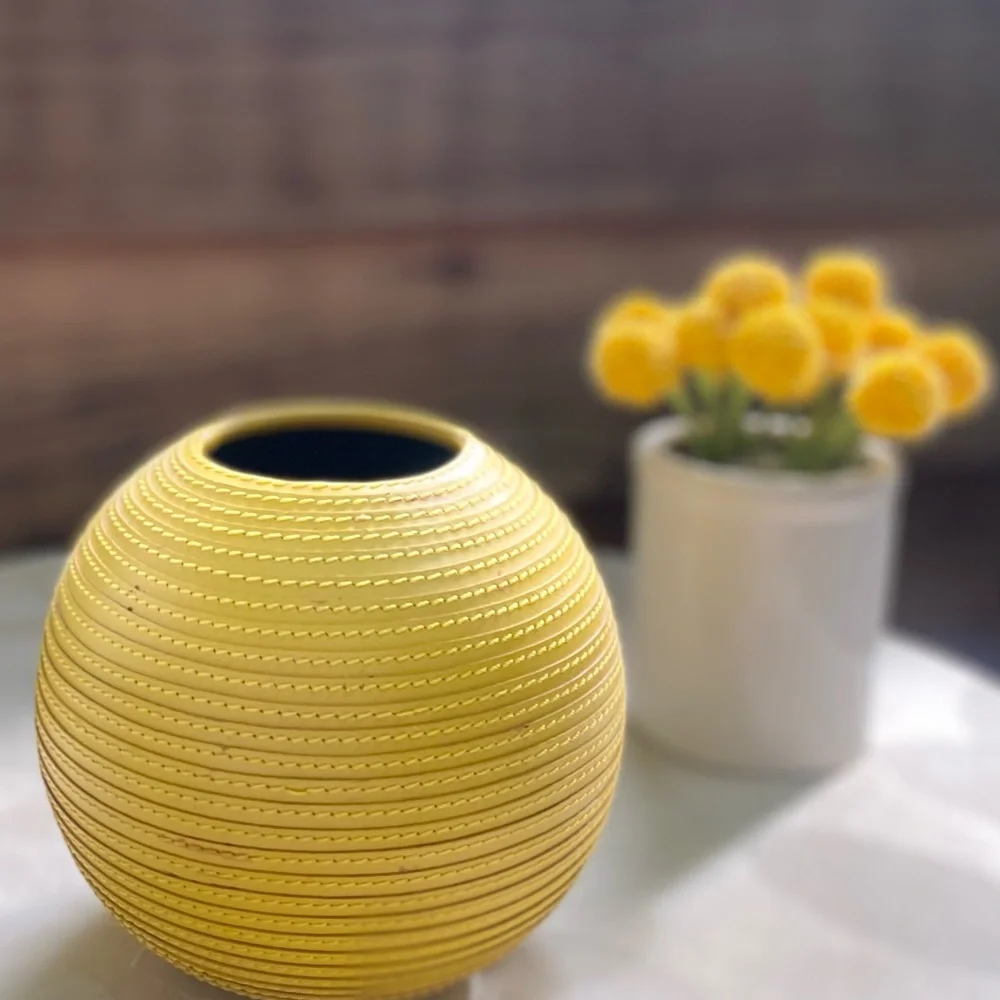 Crate & Barrel Yellow Leather Round Vase.